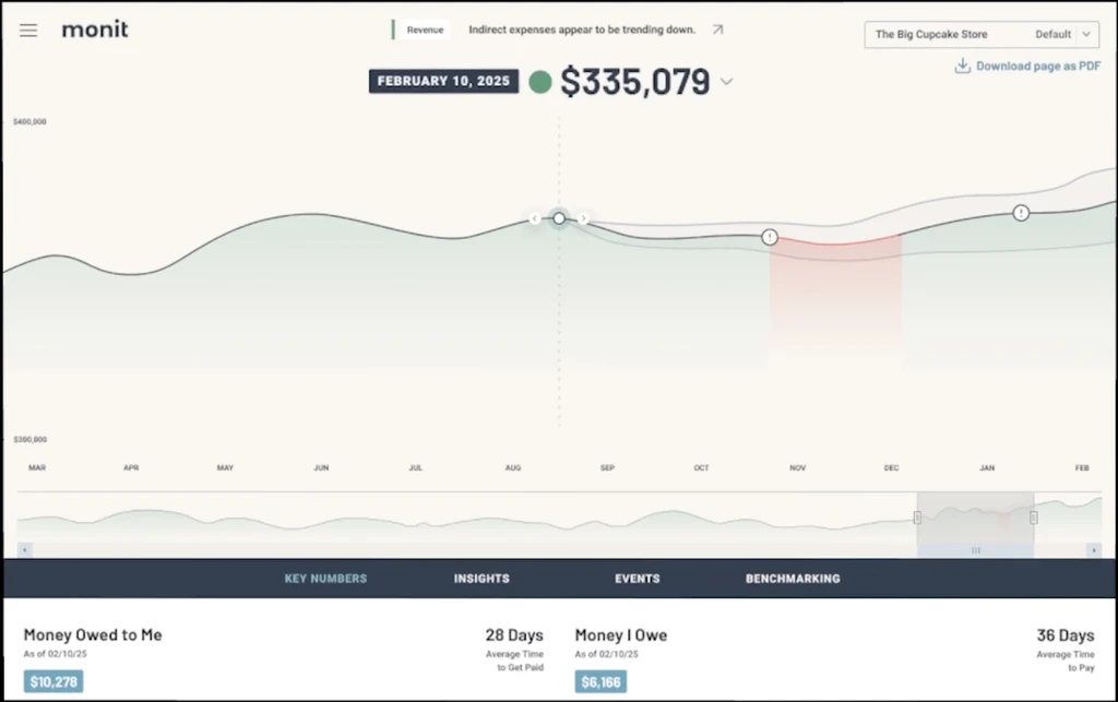 Monit dashboard showing a revenue trend chart and cash-flow insights